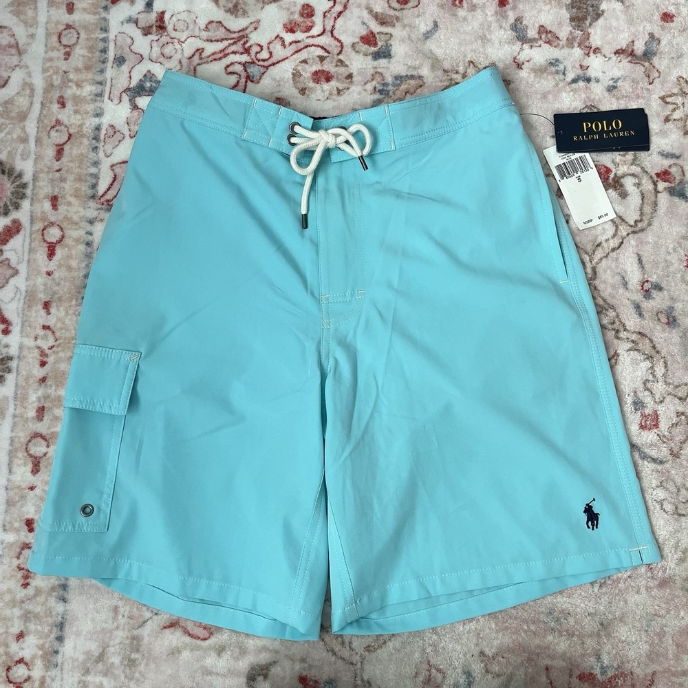 Polo Ralph Lauren Mens Small Solid Swim Trunks Polyester Turquoise‎ Blue Pocket